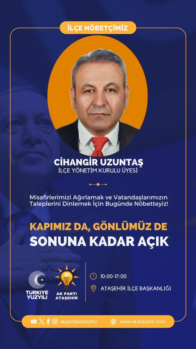Ataşehir için her zaman nöbetteyiz!
Bugün İlçe Başkanlığımızda Nöbetçimiz 
İlçe Yönetim Kurulu Üyemiz 
Cihangir UZUNTAŞ 

✍️Soru ve görüşleriniz için kendisini ziyaret edebilir veya 02165753434 numaradan kendisine ulaşabilirsiniz.
Nöbet Saatimiz 
⏰ 10:00-17:00
<a href="/burakcifci34/">Burak ÇİFCİ</a>