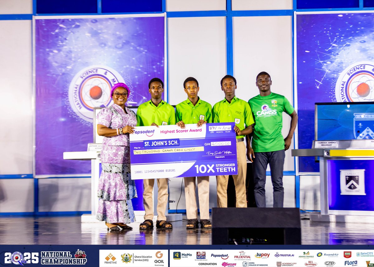 NSMQGhana's tweet photo. CNC AUDITORIUM:

St. John’s School with  65 points at end of their contest emerged as the highest scorer of the day.

Congratulations on earning the @Pepsodent_ghana Highest Scorer Award of GH₵ 2,000.00.

#NSMQ2025 #NSMQOneEighth #Primetime https://t.co/feoqPu09mQ