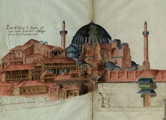 16. Yüzyılda iki minareliyken Ayasofya'dan görünüş. Diger iki minare 16. Yüzyılın ikinci yarisinda eklenmistir. Freshfield Albümü 'ndeki resimde Ayasofya'nin cephelerinin kiremit renginde sıva ile kaplı olduğu görülüyor.