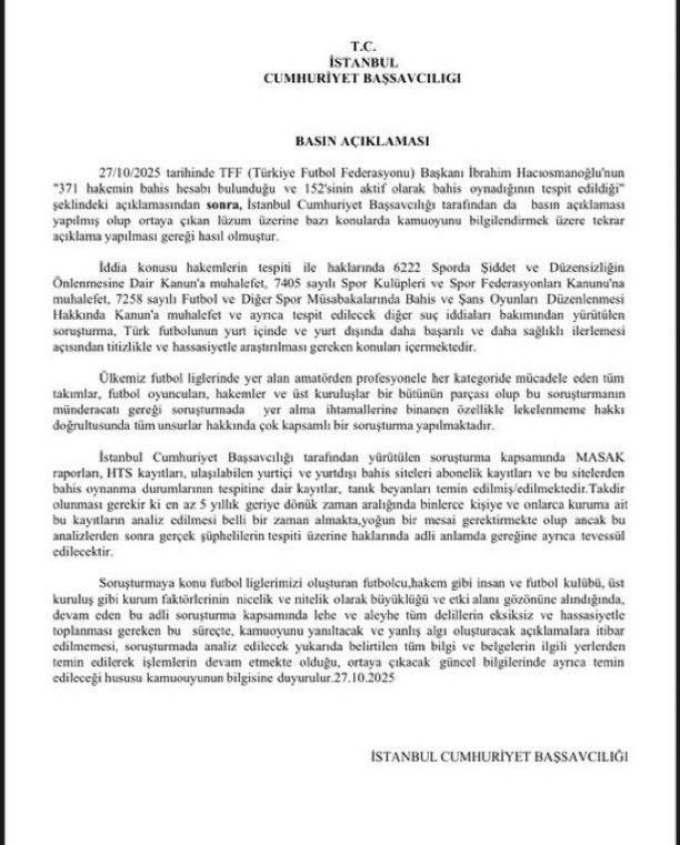 SKANDAL
Süper Lig üzerindeki şaibeler giderek artıyor.
Türk futbolunu kirleten herkesten hesabı sorulmalı.
TFF’den ziyade İstanbul Cumhuriyet Başsavcılığının yapacağı soruşturma önemli.
Kanaatimce konu FİFA ve UEFA’nın da gündemine girecektir.