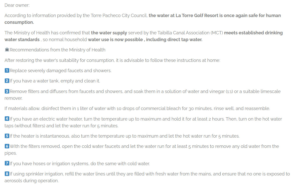 The water supply at La Torre Golf Resort is now safe for human consumption.

According to information provided by the Torre Pacheco Town Council, the water supply at La Torre Golf Resort is now safe for human consumption.