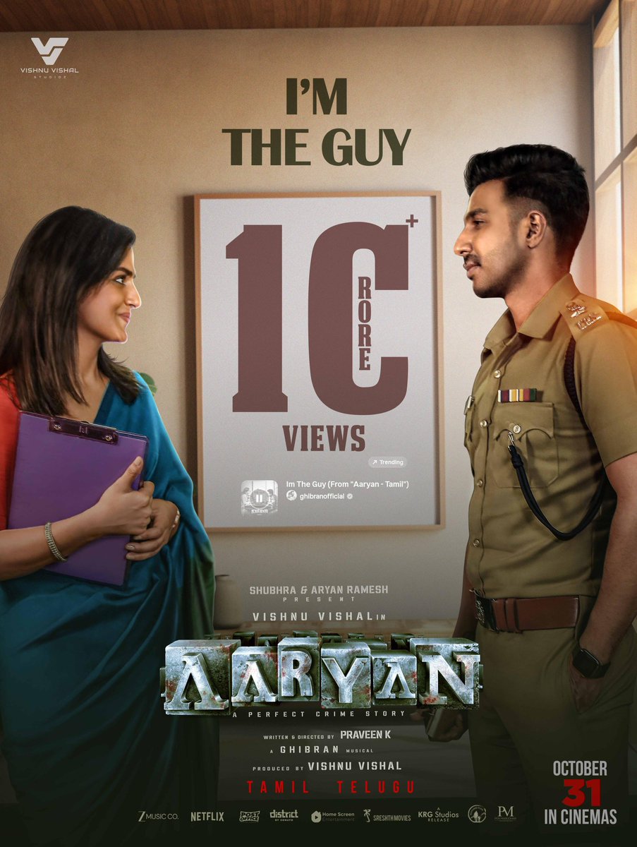 kayaldevaraj's tweet photo. Our first song hits ONE CRORE VIEWS β€οΈ
#ImTheGuy from #Aaryan - the beat on everyone's minds right now. A @GhibranVaibodha hit π₯
Catch the film in theatres on October 31st
βΆοΈ https://t.co/5v78o1wM1k
@TheVishnuVishal @VVStudioz @adamworx @selvaraghavan @ShraddhaSrinath https://t.co/2PiQHek9O8