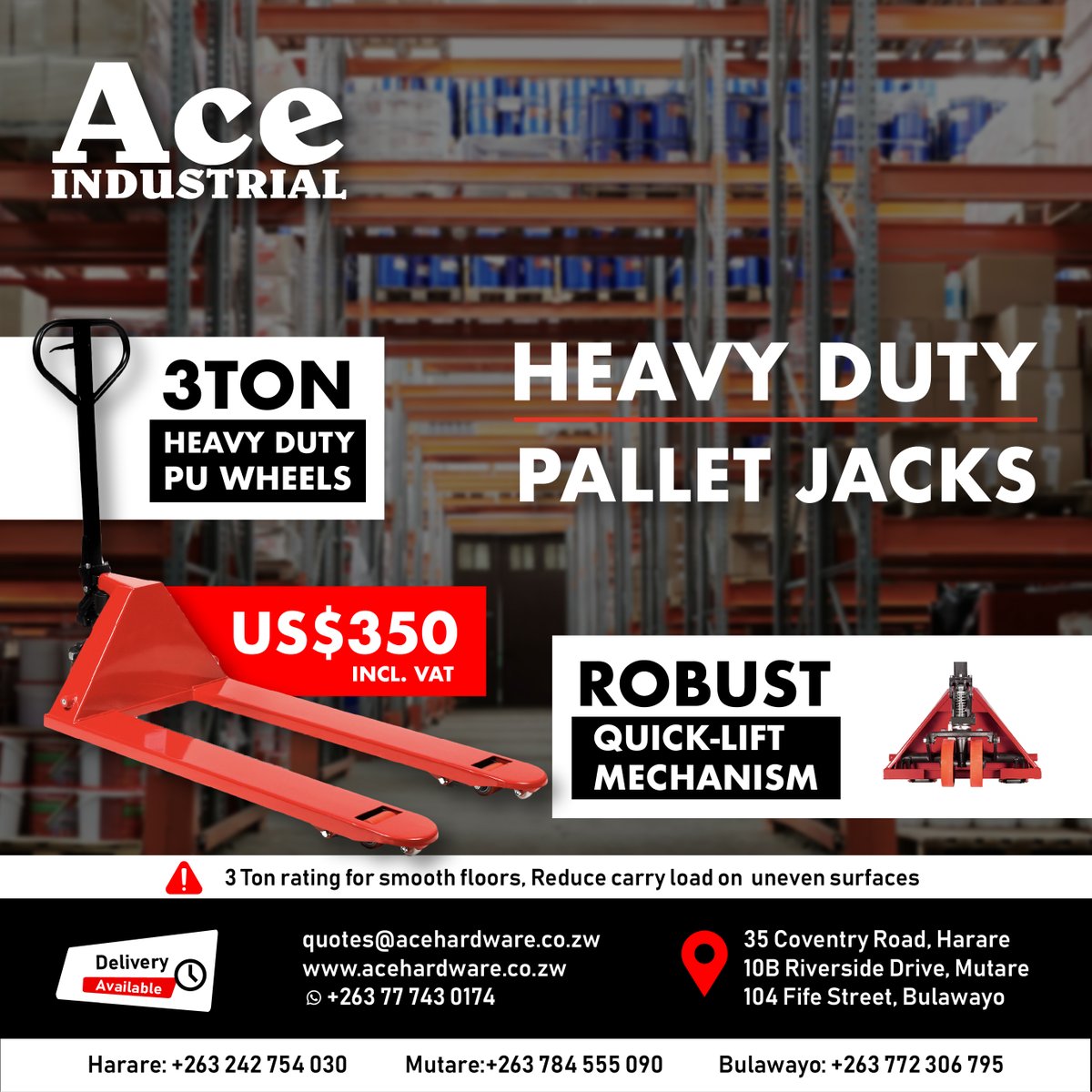 AceHardwarezim's tweet photo. Built for real work.

Handle up to 3 Tons with minimum effort using our Heavy Duty Pallet Jack

USD$350 Incl. VAT
Buy now &amp; get free delivery
👉https://t.co/spGCsezQRm

#acehardwarezim #liftingequipment #buyonline #industrialequipment https://t.co/JWoR988tQo