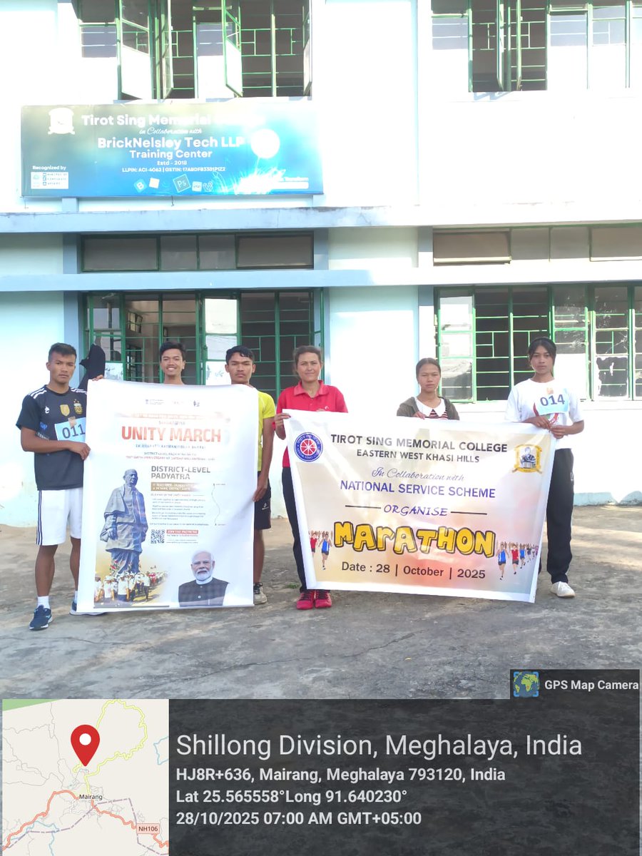 TSMCMairang's tweet photo. Tirot Sing Memorial College, Mairang today the 28/10/2025  organised a Marathon to commemorate 150th birth anniversary of Sardar Vallabhbhai, a pre-event activities - Nasha Mukt Pledge was taken before the run #SARDAR@150.
@_NSSIndia
@nss_rdguwahati
@CellNehu
@mybharatgov https://t.co/pjXiNZM3QE