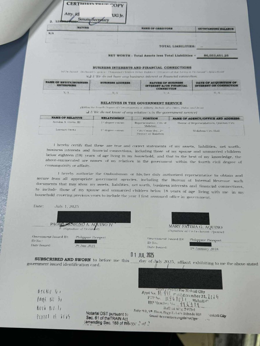News5PH's tweet image. SEN. BAM AQUINO DISCLOSES SALN

Inilabas ni Sen. Bam Aquino ang kaniyang tatement of Assets, Liabilities, and Net Worth (SALN) as of June 2025.

Mayroong net worth na P86,553,651.25 si Sen. Aquino, base sa inilabas na SALN. I via #MOJO Marymon Reyes