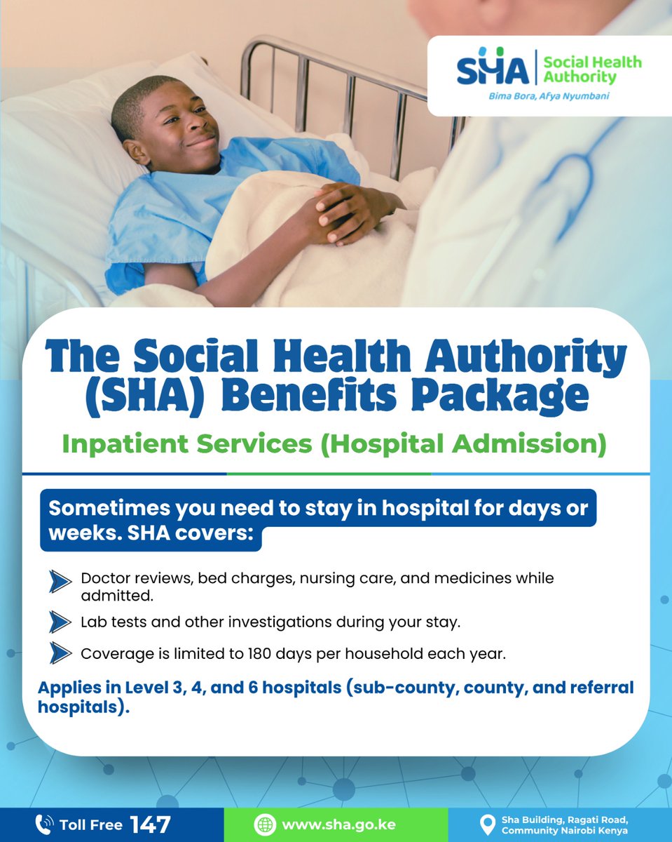 The SHA Benefits Package is designed to protect families from unexpected hospital expenses while guaranteeing quality inpatient care.
#SHAInpatientPackage 
Bima Bora