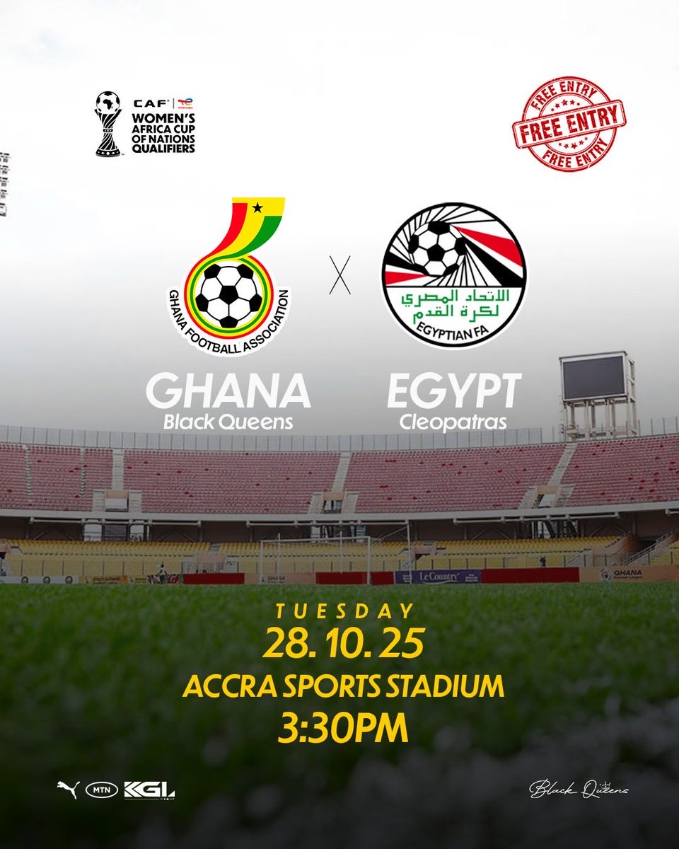 🔥 Matchday in Accra! 

🇬🇭x🇪🇬

⏰ 3:30pm

🏟️ Accra Sports Stadium

📺 <a href="/maxtvgh/">Max TV Ghana</a> 

🎟️ FREE ENTRY!

#ShineBlackQueens✨ 
#WAFCONQualifiers