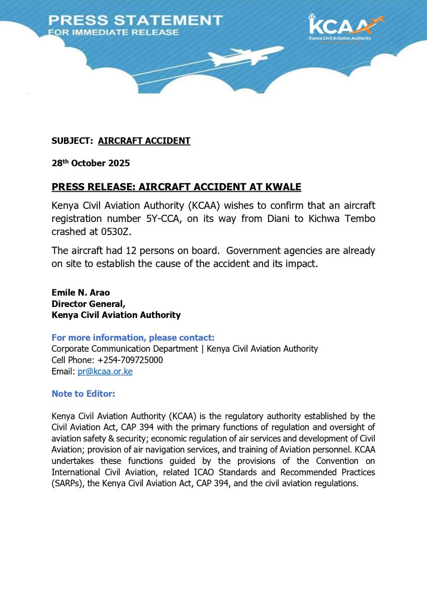 Document titled Press Statement from KCAA for immediate release dated 28th October 2025 on subject Aircraft Accident at Kwale. Text details confirmation of aircraft registration 5Y-CCA crash from Diani to Kichwa Tembo at 0530Z with 32 persons on board and government agencies investigating cause and impact. Contact information for Director General via email pr@caa.go.ke. Footer notes KCAA as regulatory authority under Civil Aviation Act 2013 for safety and security in Kenya undertaken by Board and CEO.