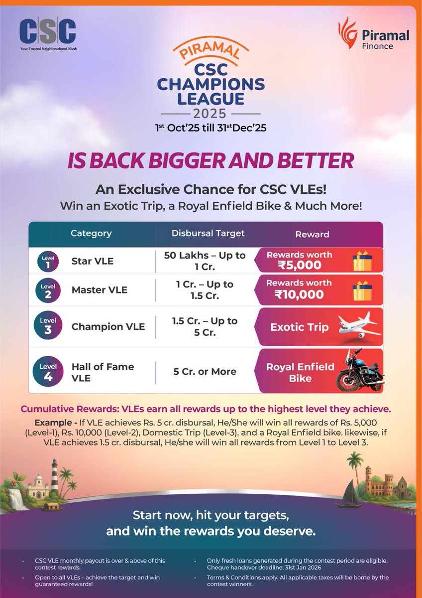 🎉 Piramal - CSC Champions League 🎉

🗓 From 1st October to 31st December'2025.

Get ready to win exciting rewards!

🏆 Prizes You Can Win:
💸 Gifts worth ₹5,000 or ₹10,000
🌟 A 5-star exotic trip within India
🏍 A brand-new Royal Enfield Bullet

Let the winning begin! 🚀
#csc