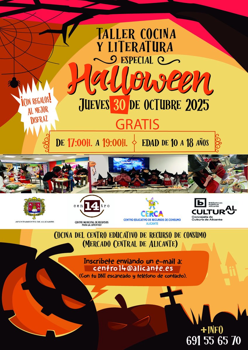 Este jueves tenemos un taller gratuito de Cocina, especial Halloween. De 17h a 19h en las cocinas del Mercado Central. 
Vente disfrazado, habrá regalo al mejor disfraz. 

Apúntate en nuestra web alicante.es/es/noticias/co…