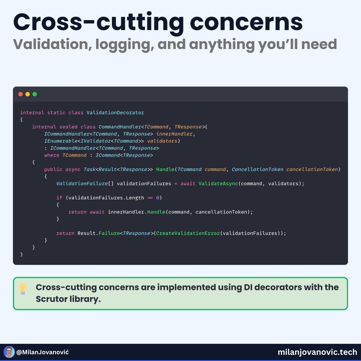 mjovanovictech's tweet photo. Every time I started a new project, I felt like I was solving the same setup problems from scratch.

I needed a solid starting point, something I could trust to get me from idea to code fast.

So I built a Clean Architecture template that covers all the basics.

And I shared it with a few friends, and they loved it.

So I decided to make it available for everyone.

Here's what's inside:
- Simple domain model, Domain Events pattern
- CQRS without any external dependencies
- Cross-cutting concerns (validation, logging)
- Authentication with JWT, user context
- Boilerplate for RBAC authorization
- Docker Compose or .NET Aspire
- Minimal APIs, health checks

Since the launch, it's been downloaded by more than 35,000+ developers.

You can get the template here: https://t.co/9xT4sokmTS