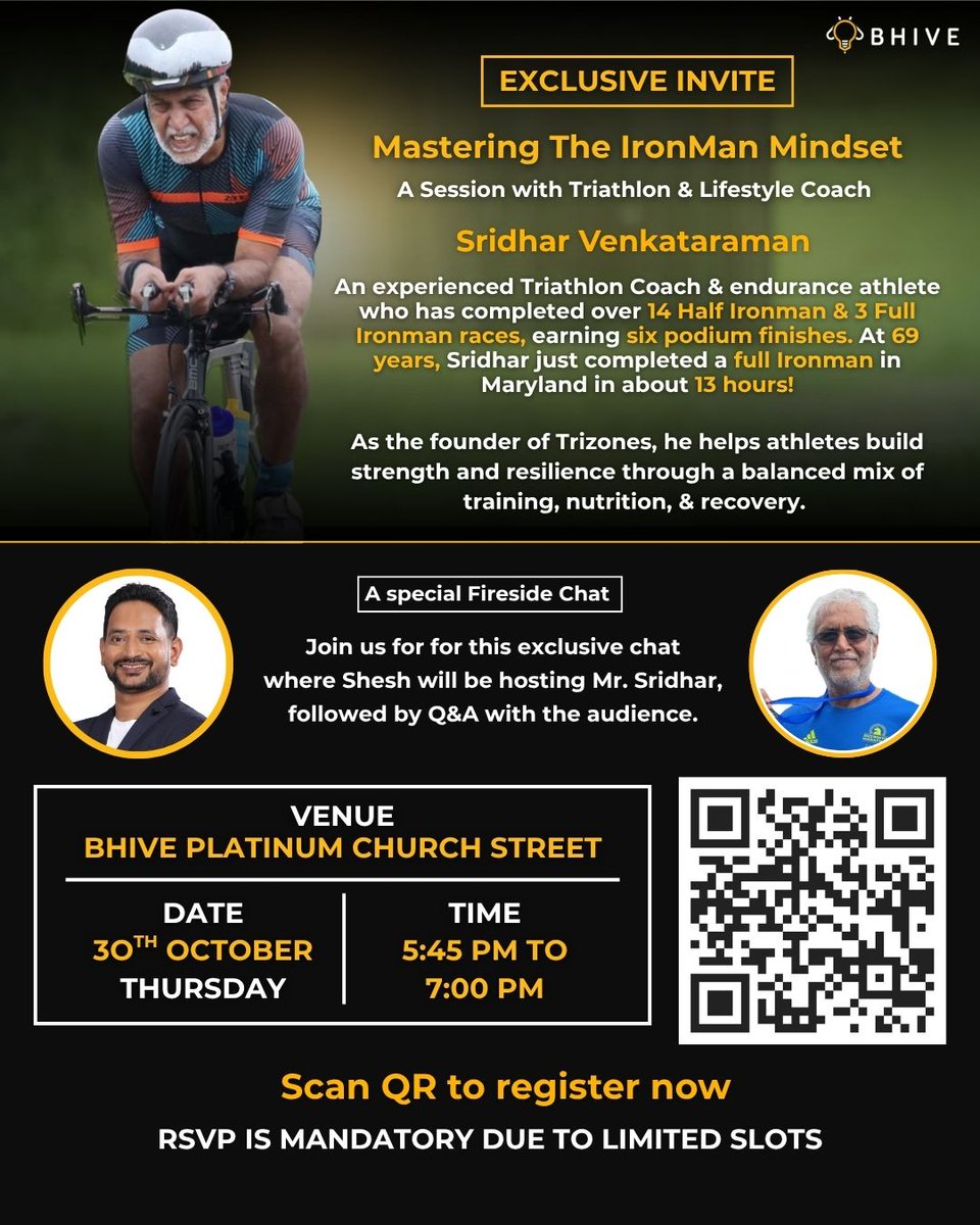 Join us as we host Triathlon &amp; Lifestyle Coach Venkataraman Sridhar, who’s completed 14 Half Ironman &amp; 3 Full Ironman races with six podium finishes! 🏅

More information here : lnkd.in/gUC2ZeHi
(RSVP Mandatory) 

#Ironman #MotivationalTalks #Motivation #LifestyleCoach