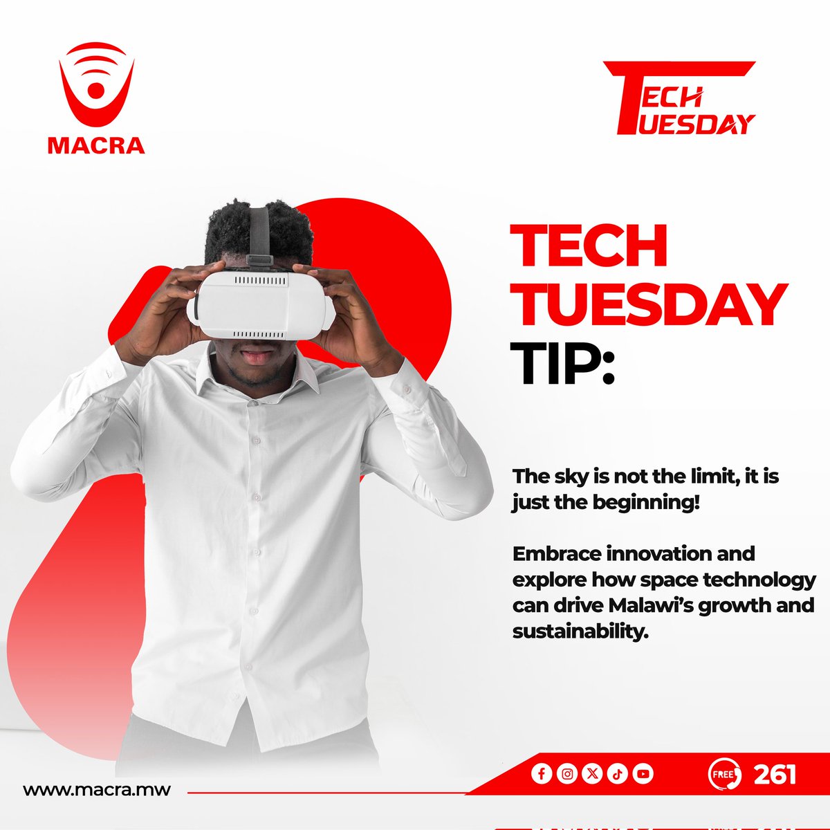 MACRAMALAWI's tweet image. Tech Tuesday|The sky is not the limit, it’s just the beginning.

Embrace innovation and discover how space technology can power Malawi’s growth and sustainability.

#TechTuesday #MalawiSpaceAgency
#MACRA
#261TollFree