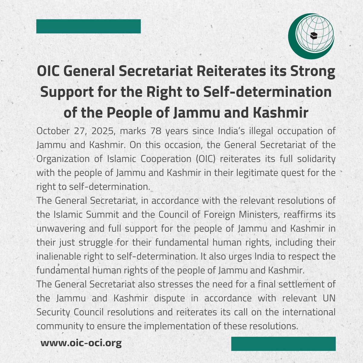 OIC_OCI's tweet image. OIC General Secretariat Reiterates its Strong Support for the Right to Self-determination of the People of Jammu and #Kashmir: new.oic-oci.org/SitePages/News…
