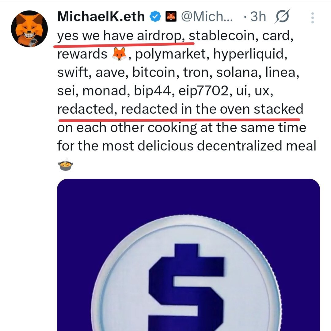 rezacryptos's tweet image. 🦊 @MetaMask
 team just confirmed "yes we have Airdrop"

Referral: metamask.io/rewards?referr…
Referral Code: XWQ8W7

👀So yesterday's claim website has something to do with token

🤔What do u think? Metamask token in 2025? Let me know

💙Like
🔁RT