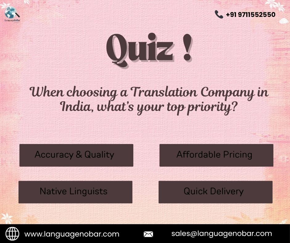 LanguageNoBar's tweet image. what’s your top priority when choosing a Translation Company in India?
Vote below and share your thoughts! 💬✨
A. Accuracy &amp;amp; Quality
B. Affordable Pricing
C. Native Linguists
D. Quick Delivery
#TranslationCompaniesInIndia #ProfessionalTranslation #LocalizationServices