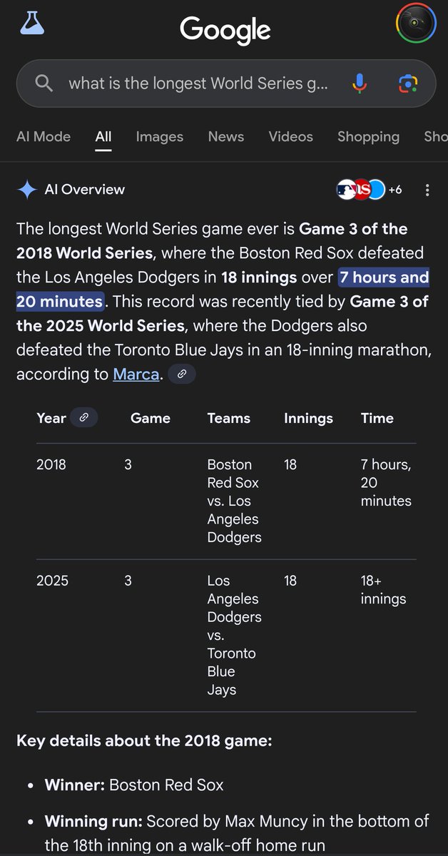 DownerSlight's tweet photo. This is why LLMs can't be trusted in 2025...pay attention to Gemini saying Boston defeated L.A. in game 3 of the 2018 world series...in fact, the Dodgers won 3-2 with Muncy getting a walk off home run. #aisucks #LLMs hallucinations for the win! #whatsreality https://t.co/usZiYIvpsJ