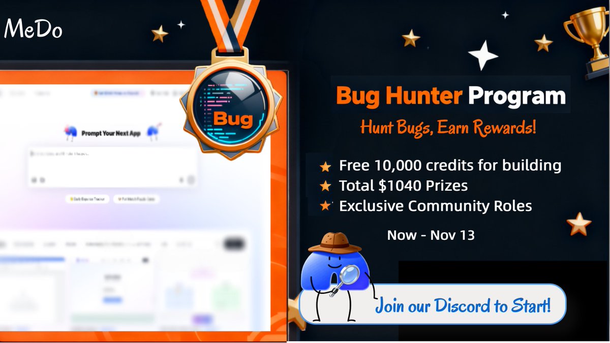 Medo_CodeFree's tweet image. 🏆 Champion Alert! 🏆
Massive congrats to Saarthi, our Bug Hunter of the week! 🥳
The hunt continues! A new week means a fresh leaderboard. 🐛

Join the hunt and help build a better MeDo:
Medo.dev
More reward &amp;amp; rules details: discord.com/invite/qB8H6c2…