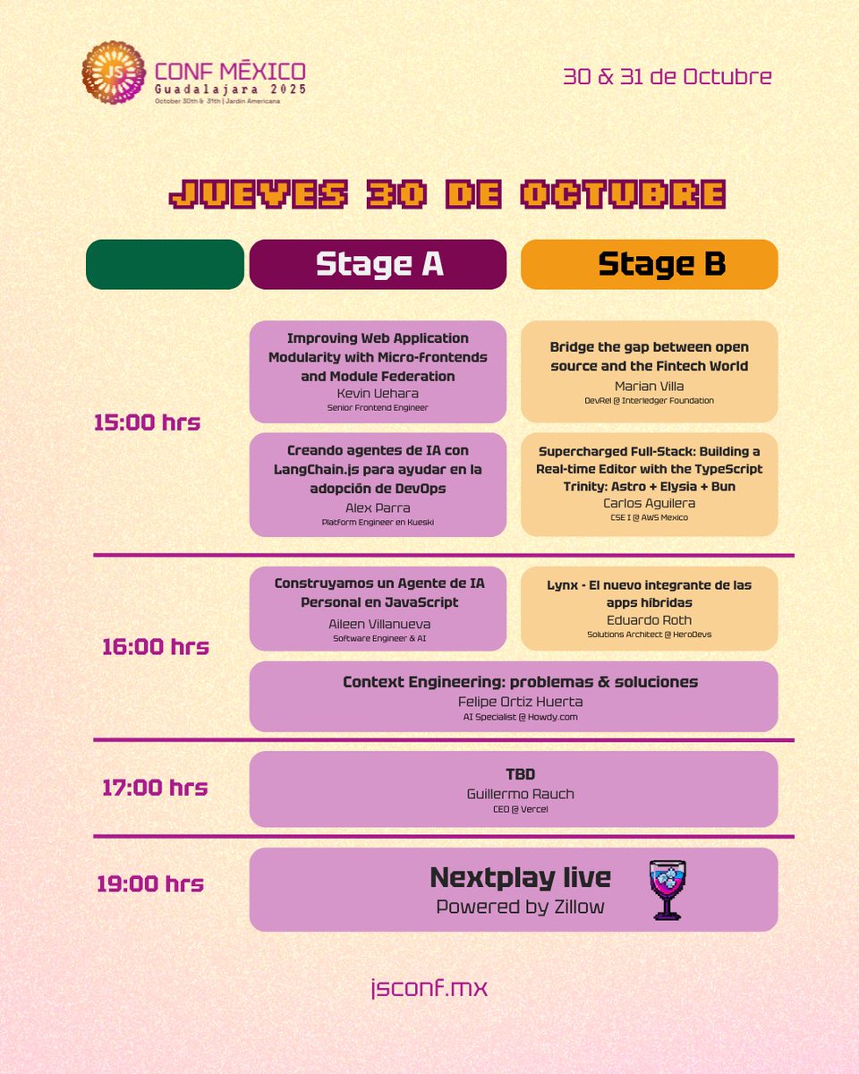 jsconfmx's tweet image. ¡Agenda FINAL lista Día 01 - 30 de octubre! 🤩
Conoce el programa de #JSConfMX 2025. 
Organiza y agenda las pláticas de tu interés, así como las actividades en las cuáles puedes participar.
¡No te quedes fuera!
📅 30 y 31 de octubre
📍Guadalajara, Jalisco, México
🔥ÚLTIMOS…
