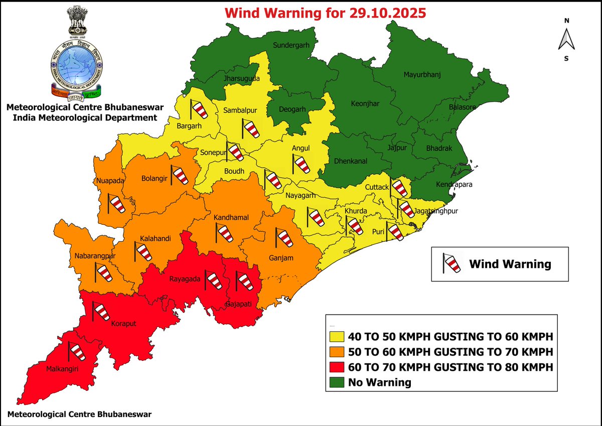 mcbbsr's tweet image. Gusty Surface Wind Warning over Odisha on 28/10/2025 &amp;amp; 29/10/2025.
#strongwinds #warning #windwarning