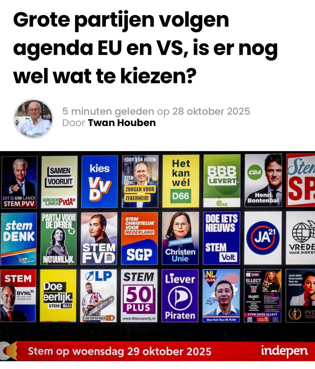 De grote partijen VVD, GroenLinks-PvdA, CDA en D66 lijken de afgelopen decennia zetbazen van de EU en VS geworden met als gevolg, dat ons land financieel uitgekleed en economisch lamgeslagen wordt. Valt er nog wel wat te kiezen? Beslis dat na het lezen van dit stuk. Het gaat niet