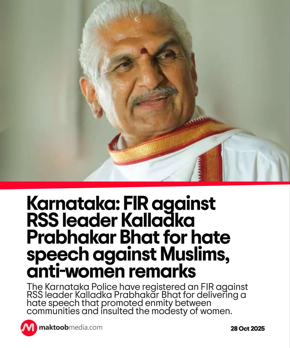 MaktoobMedia's tweet photo. The Karnataka Police have registered an FIR against RSS leader Kalladka Prabhakar Bhat for delivering a hate speech that promoted enmity between communities and insulted the modesty of women.

https://t.co/wBZGRzKWz7 https://t.co/Cd8CAsU0AA