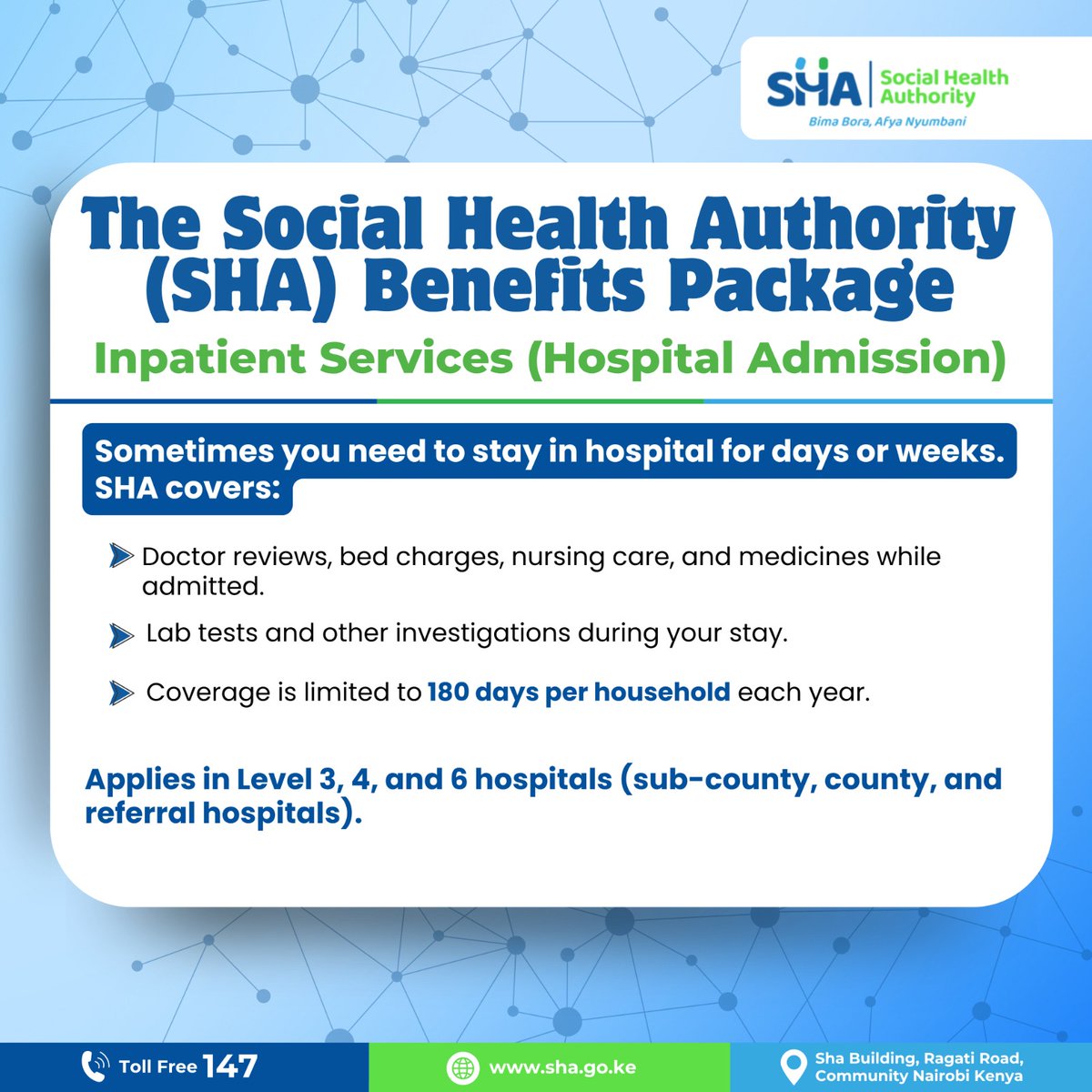 SHA’s inpatient care offers relief to patients facing extended hospitalization. It covers bed charges, doctor assessments, and medications to ensure sustained treatment and financial protection for every family. Bima Bora #SHAInpatientPackage