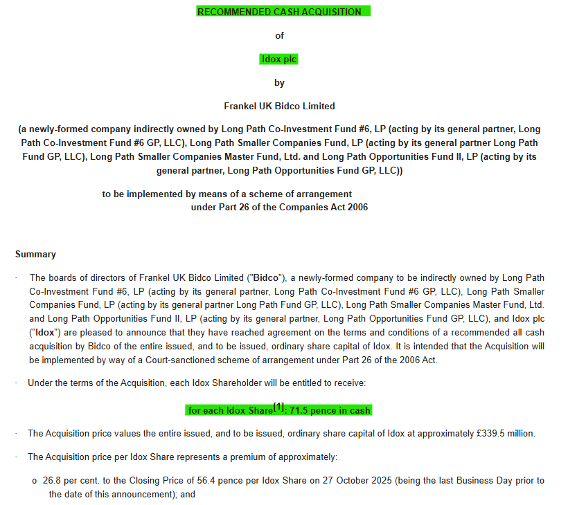1James1n1's tweet photo. #IDOX - Takeover
Recommended cash acquisition at 71.5p, a 26.8% premium to y'day's closing price.
Have never found enough to persuade me to look closely here & the sale price does not look hugely compelling imho 🤷 https://t.co/K38BkfB3mN