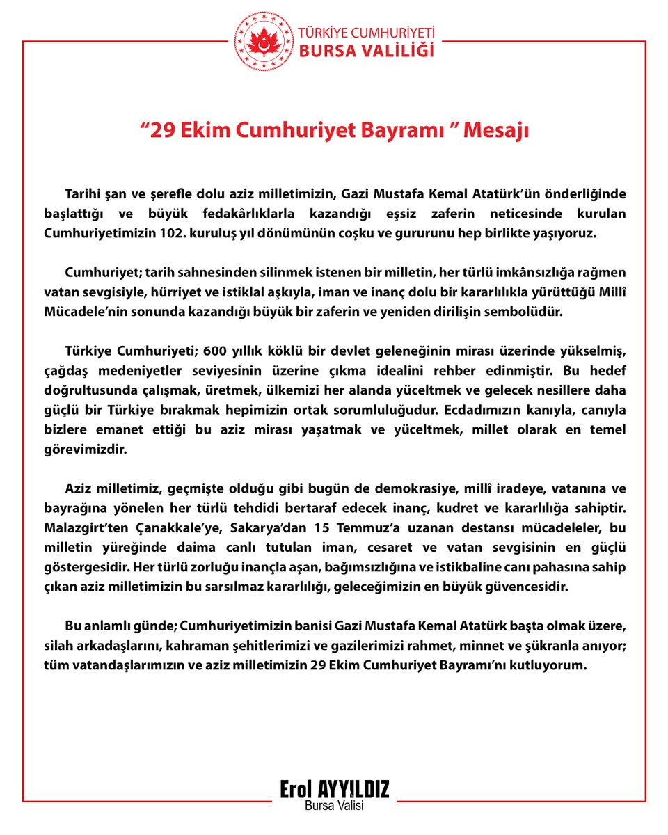 BursaValiligi's tweet photo. 📌 Valimiz Sayın Erol Ayyıldız’ın “29 Ekim Cumhuriyet Bayramı” Mesajı 🇹🇷

🔗 https://t.co/XmiXGLvSrI https://t.co/05bddldFod