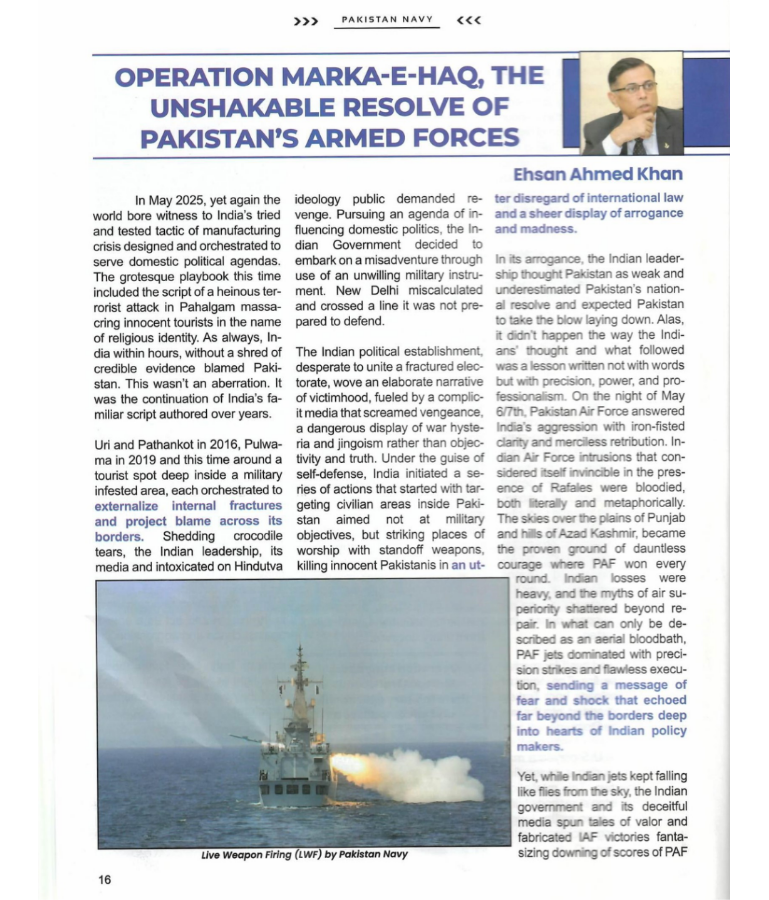 mcepakistan's tweet image. Operation Marka-e-Haq: The Unshakable Resolve of Pakistan Armed Forces by Ehsan Ahmed Khan, published in Defence Journal.
#MarkaEHaq #PakistanArmedForces #DefenceJournal #MaritimeCentreOfExcellence #StrategicStudies