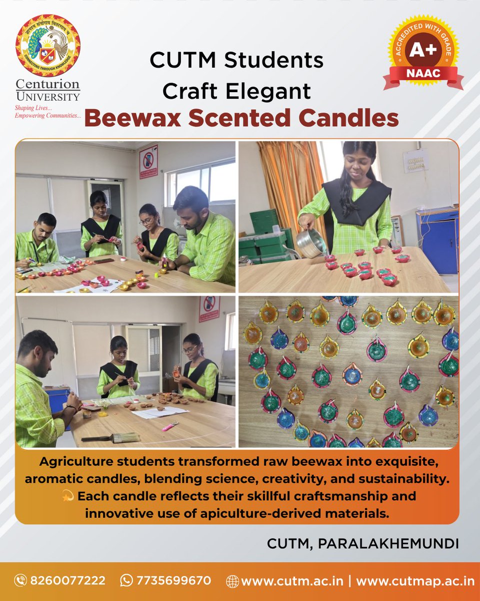 CUTMIndia's tweet image. 🌿 Sustainability meets artistry — nurturing innovation from the hive to home.

#cutmpkd #cutmbbsr #cutmap #agricultureinnovation #studentcreativity #sustainablelearning #beewaxcandles #handcraftedwithcare