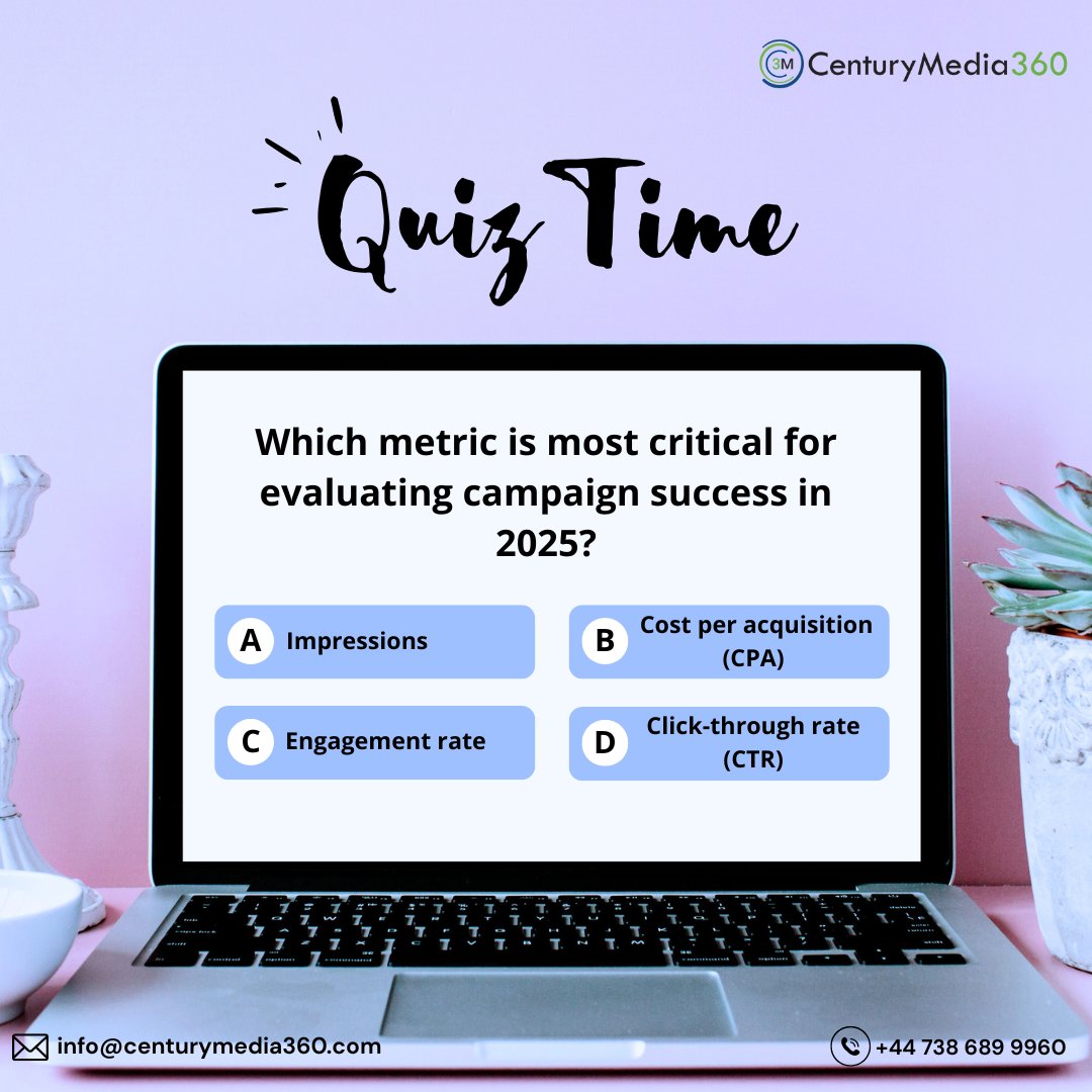 centurymedia360's tweet image. Metrics aren’t just numbers - they’re strategic decisions in disguise. Take our quiz to test your instincts and see how your marketing strategy performs in real time.

#QuizTime #TestYourknowledge #GrowthMindset #MarketingStrategy #DigitalMarketing #centurymedia360