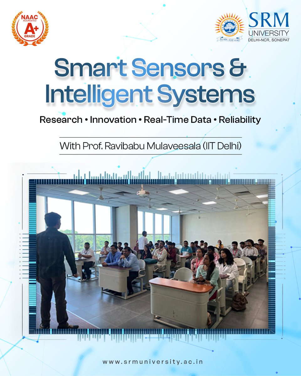 SRMH_University's tweet image. Seminar on “Smart Sensors &amp;amp; Intelligent Systems” by Prof. Ravibabu Mulaveesala, IIT Delhi explored AI-driven sensing, data fusion &amp;amp; real-time analytics. Students gained insights on research &amp;amp; innovation.

#SmartSensors #IITDelhi #ECE #Innovation #Research