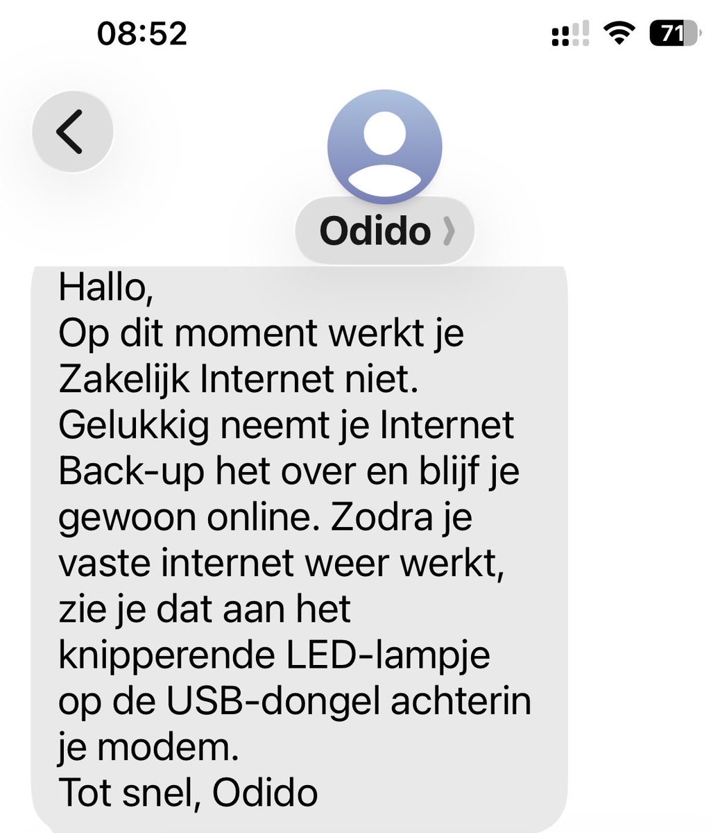 Dagelijks dit bericht van Odido. Ik betaal goed en op tijd voor glasvezel, maar heb gewoon internet via de dongel/backup. Oneerlijk. Er wordt gewoon geld van mij gekaapt. Betalen voor wat ik niet krijg!!! Wie kan mij helpen? <a href="/Consumentenbond/">Consumentenbond</a>  <a href="/odidonederland/">Odido Nederland</a> <a href="/AutoriteitFM/">AFM</a>