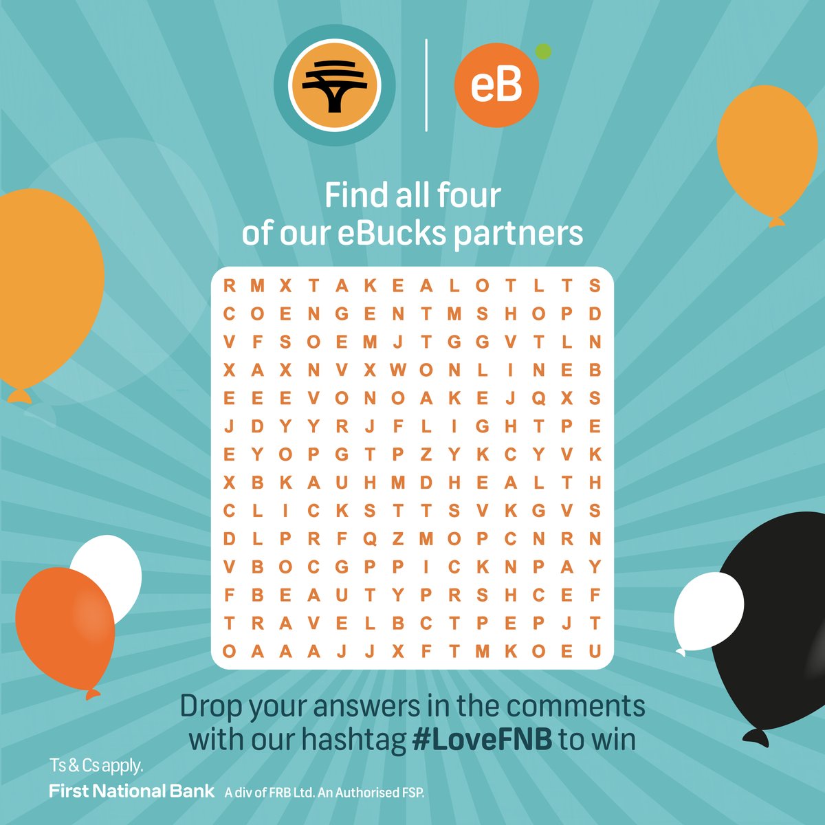 FNBSA's tweet image. The eBucks party’s not over 🎉 You can still 𝗪𝗜𝗡 BIG! Find all four eBucks partners and 𝗥𝗘𝗣𝗟𝗬 with our hashtag LOVEFNB to enter. You could WIN a voucher worth up to R1 000. Easy. Money.