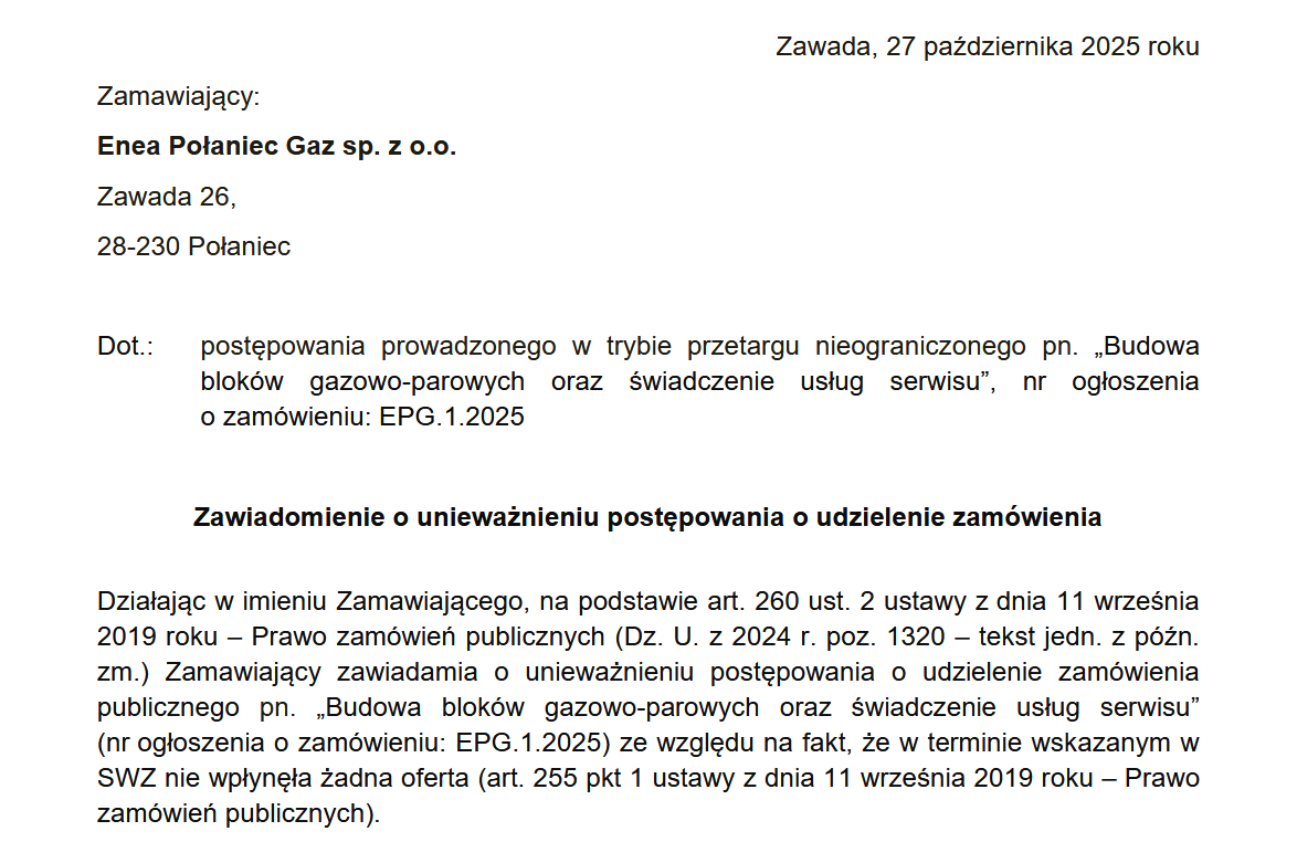 Dzieje się to, co wielu prognozowało. Jest zbyt mało dostawców technologii i wolnych mocy produkcyjnych (wszyscy w Europie chcą teraz budować bloki gazowe). 

Efekt? <a href="/Grupa_Enea/">Enea</a> unieważniła przetarg na #gaz w #ElektrowniaPołaniec. Nikt nie złożył oferty.