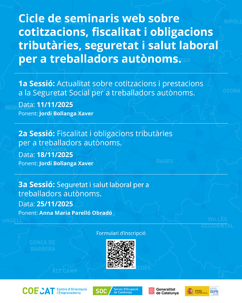 🎯 El COE-CAT i Relacions Laborals, Treball Autònom, Seguretat i Salut Laboral organitzen 3 seminaris per a autònoms

💡Cotitzacions, fiscalitat, obligacions tributàries, i seguretat i salut laboral

⚠️Places limitades, amb inscripció prèvia

👉Més info
ow.ly/oJ5y50Xhu8N