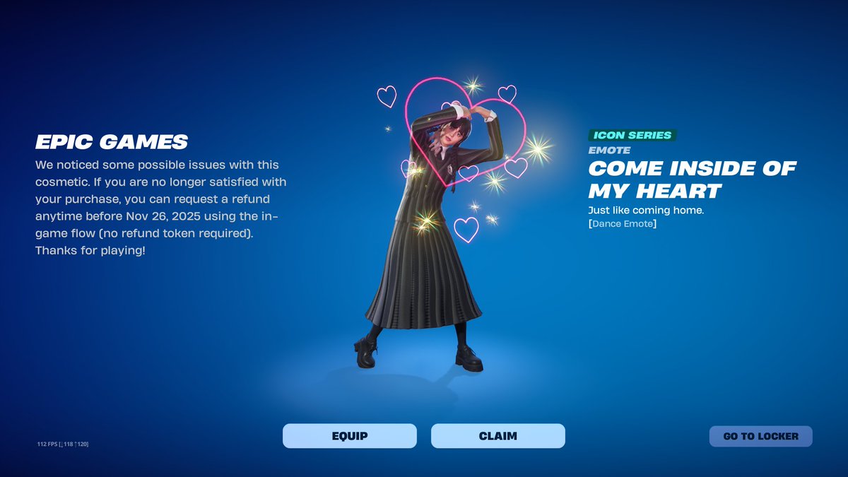DBarse62496's tweet photo. Epic Games propose un remboursement aux personnes ayant acheté l'émote « Viens dans mon cœur » en raison d'un problème empêchant certains skins de bénéficier des effets spéciaux d'animation.

Image via @BeeYourseIves https://t.co/8HQ1JQzsVE