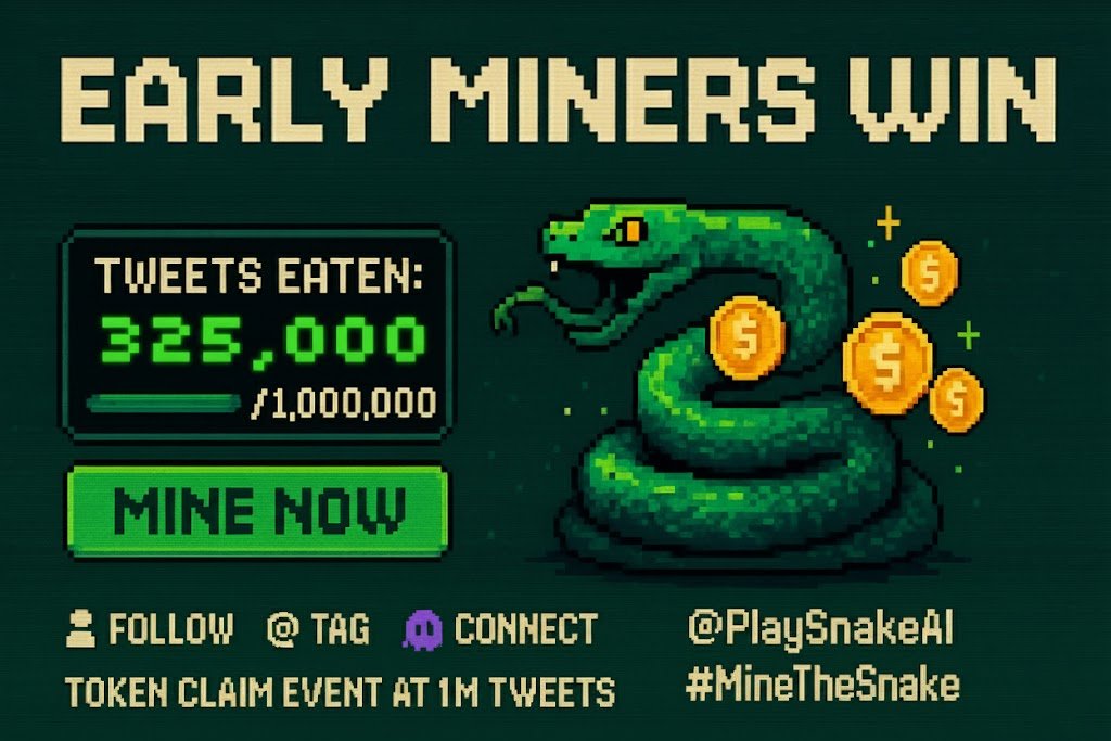 🚨 BREAKING 🚨

We're 32.5% through to our goal of mining 1M tweets. If you're seeing this, you're still early!

How to join?
1️⃣ Follow us
2️⃣ Tweet using the two tags you see in the image
3️⃣ Log your tweets on the SnakeAI dashboard

Go feed the snake ⚡