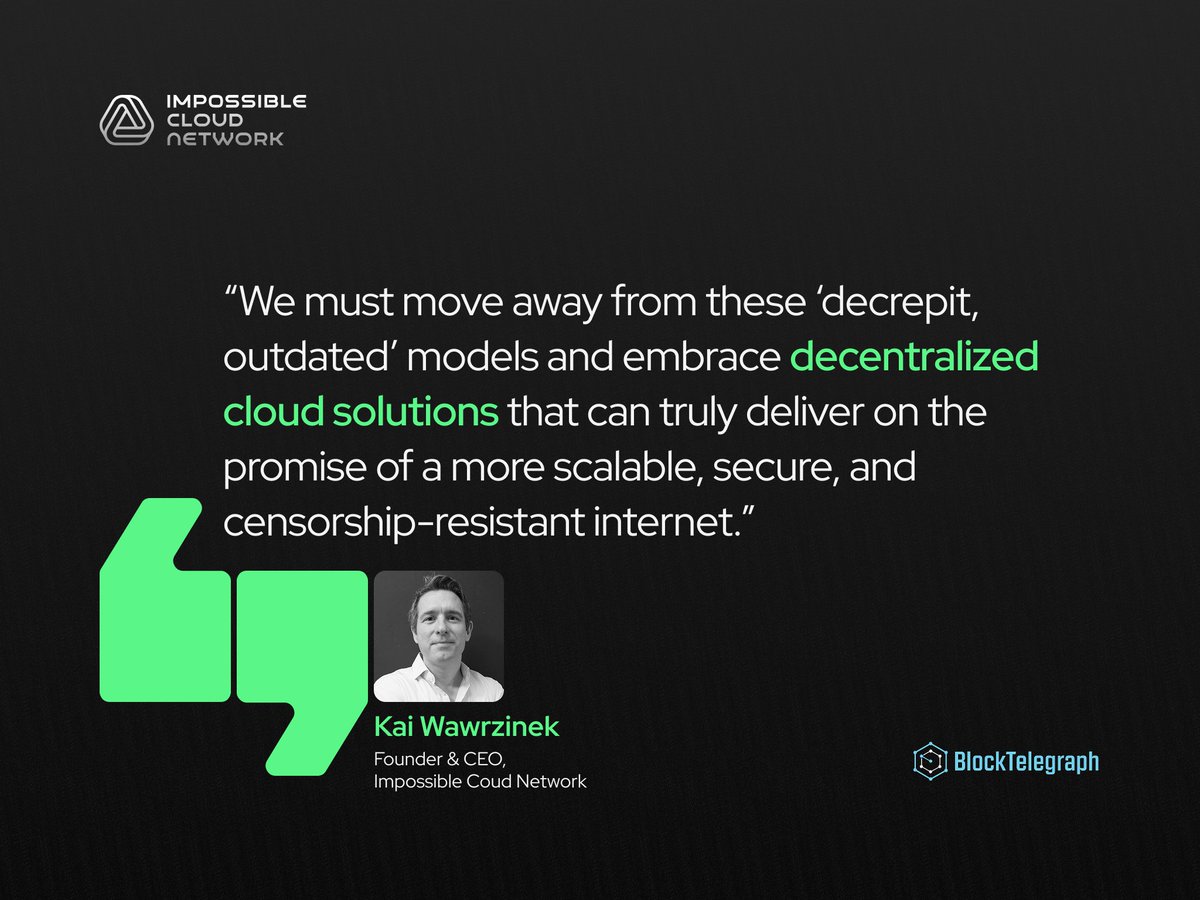 ICN_Protocol's tweet image. The #Web3 problem: We&apos;re trying to build a decentralized future on a centralized foundation. 

&quot;We must move away from these &apos;decrepit, outdated&apos; models and embrace decentralized cloud solutions.&quot;
- Our Founder, @KaiWawrzinek

That single point of failure is holding us all back.…