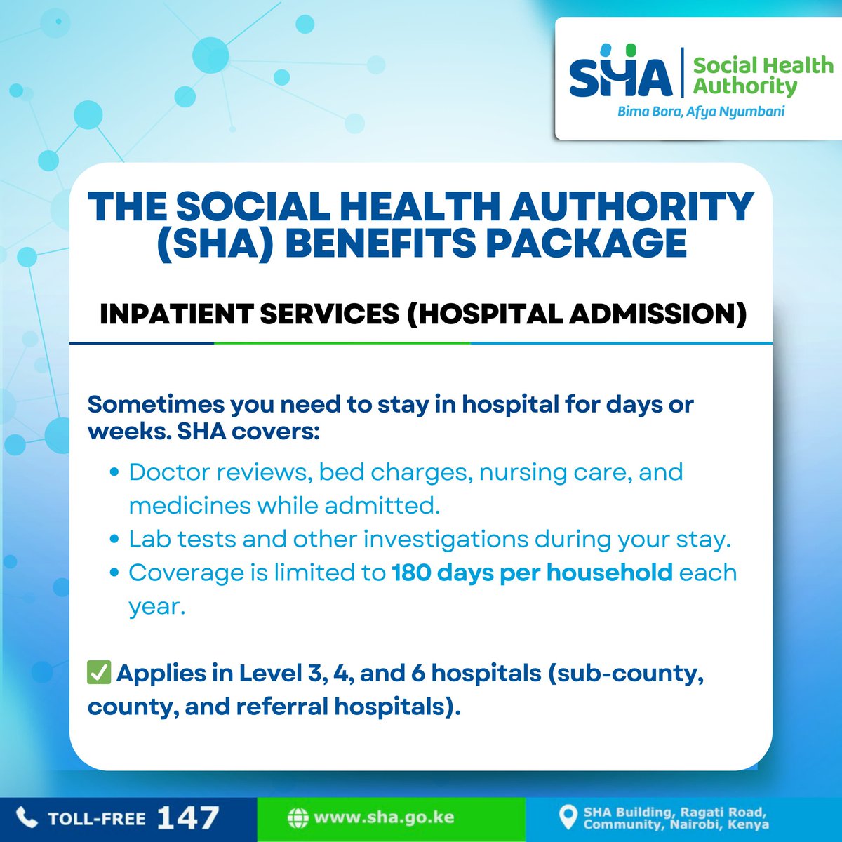 The inpatient plan ensures essential investigations like blood tests, imaging, and monitoring are fully covered during hospitalisation. #SHAInpatientPackage Bima Bora