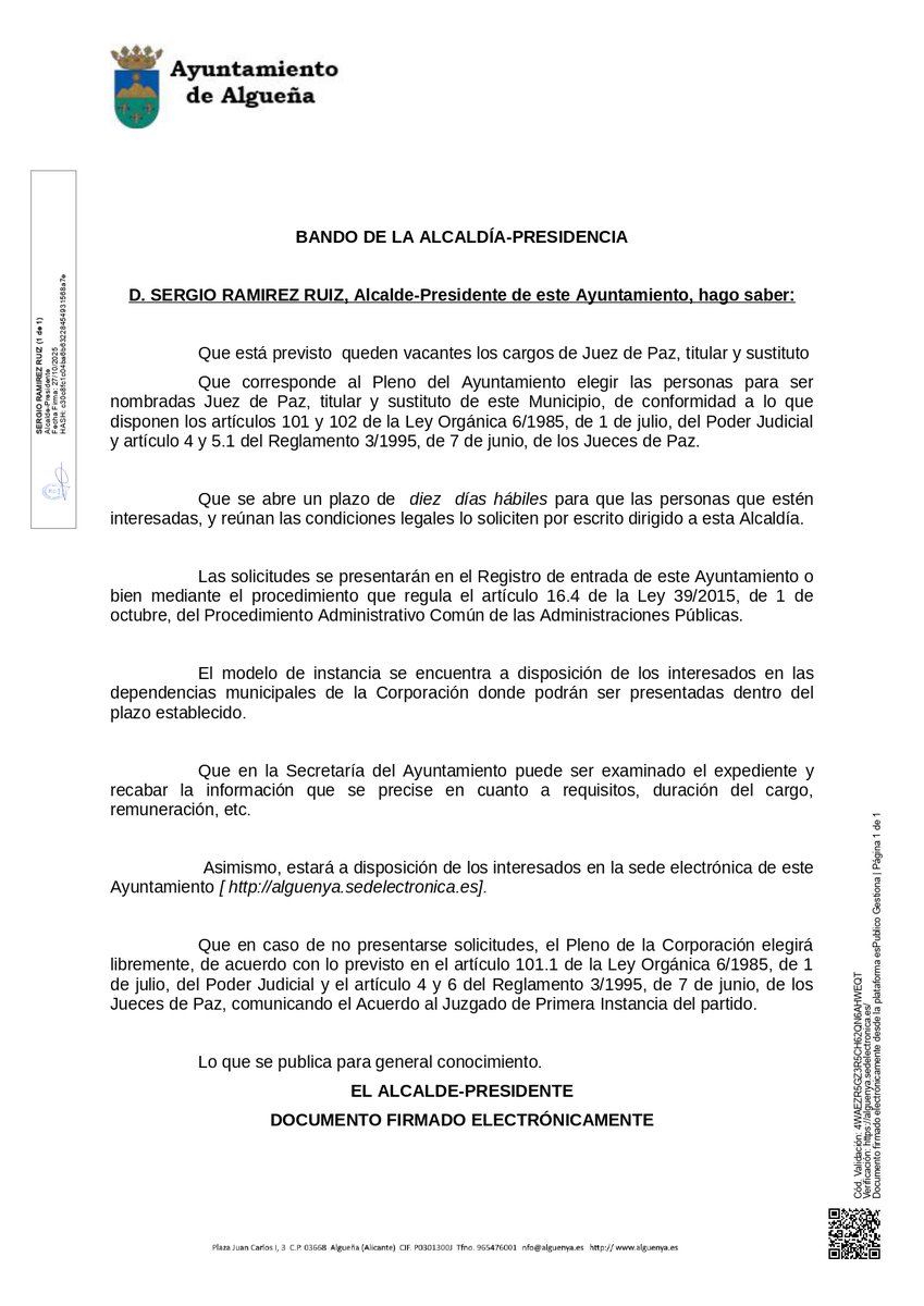 aytoalguenya's tweet image. 📢 BANDO - VACANTES DE JUEZ DE PAZ TITULAR Y SUSTITUTO EN ALGUEÑA 📷
El @aytoalguenya informa que se ha abierto el plazo para presentar solicitudes para los cargos de Juez de Paz titular y sustituto del municipio.

📷 Plazo: 10 de noviembre 2025

 #Algueña #lAlguenya