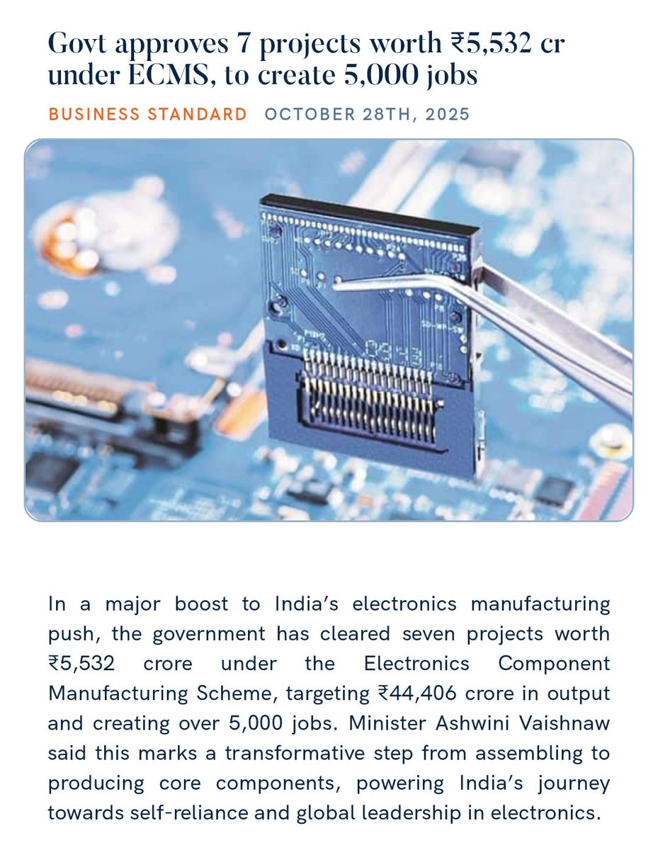 PMO India (@pmoindia) on Twitter photo Govt approves 7 projects worth ₹5,532 crore under ECMS, to create 5,000 jobs
business-standard.com/industry/news/… 
via NaMo App Govt approves 7 projects worth ₹5,532 crore under ECMS, to create 5,000 jobs
business-standard.com/industry/news/… 
via NaMo App