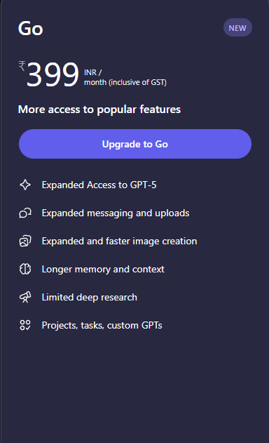 strixsingh's tweet image. 🚨 Big news for India 🇮🇳

OpenAI just announced that ChatGPT Go will be FREE for 1 year for all users in India starting Nov 4, 2025! 🎉

No subscription, no tricks — full access to ChatGPT Go features (normally ₹399/month).
AI just got a lot more accessible.🔥

#ChatGPT #OpenAI