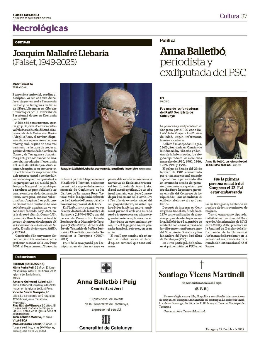 El passat 16 d'octubre ens va deixar el company Joaquim Margalef, economista i professor associat del departament d'Economia de la URV i col·laborador del Grup de Recerca d'Indústria i Territori. Els companys el recordarem.