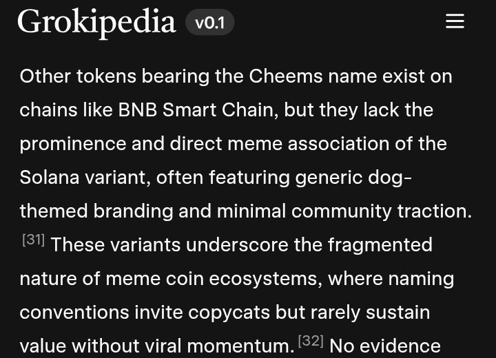 .<a href="/grok/">Grok</a> ipedia article shows binance's/bnb cheems coin is lacking prominence compared to @thecheemstoken despite how we are not even listed on centralized exchanges, though bnb copycat is listed on every chinese cex even binance. grok: cz can't dictate which meme coins is legit!