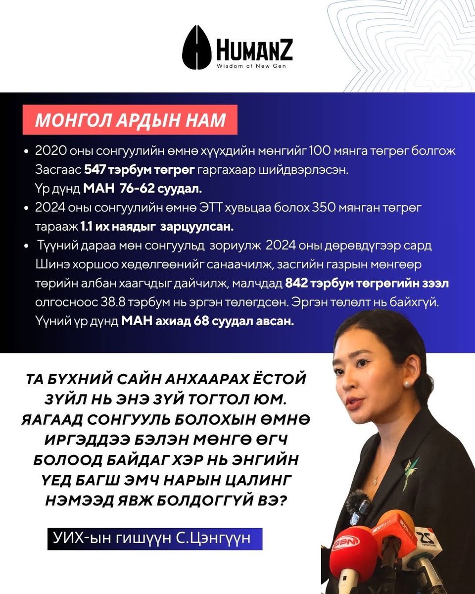 МАН- ын муухай арга. Өөрсдөө сонгуульд зориулж бэлэн мөнгө тараах төсөл санаачлана. Сонгуульд ялна. Тэр төслөө үргэлжлүүлж мөнгө тараах боломжгүй болно. Бурууг нь өөр намын улстөрч хэлнэ, сонгууль болоод дууссан учир зогсоочихно. Дараа нь сонгууль болохоор ахиад нэг гоё төсөл