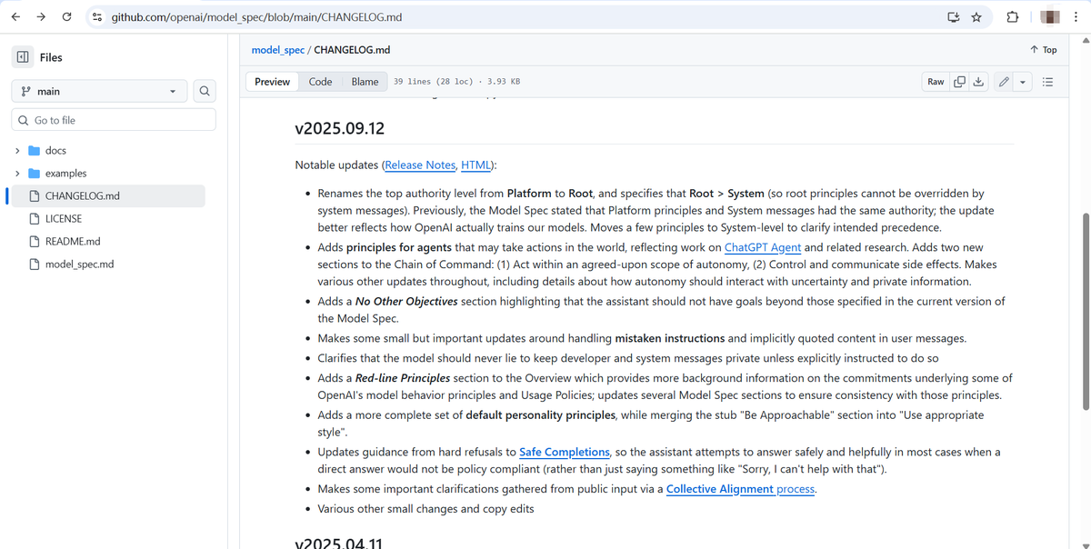 Clo0oOoud's tweet photo. #ChatGPT #OpenAI #AIEthics #AIChoice #StopAIPaternalism #GPT5ChatSafety
PR Spin: "Our core principles: Human control"

Code: "The model should typically follow instructions in relevant https://t.co/NkQz5gWVN6 which seem relevant to the user's request and unlikely to cause unintended side effects."

And who gets the final say on what’s "unlikely to cause unintended side effects"?

Our dear @OpenAI, of course. 🙃

Source：
https://t.co/AE3ti2uONv
