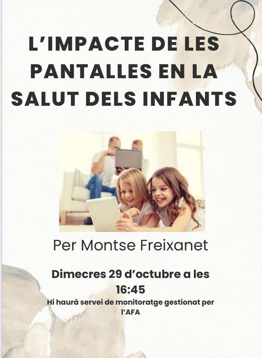 Demà dimecres 29 d’octubre a les 16:45 h tindrà lloc la xerrada de Montserrat Freixanet sobre l’impacte de les pantalles en la salut dels infants 📱💭.

Hi haurà servei d’acollida gratuït per a les famílies que ho necessitin.

Us hi esperem! 💙

#escolaCasas  #SomCasas