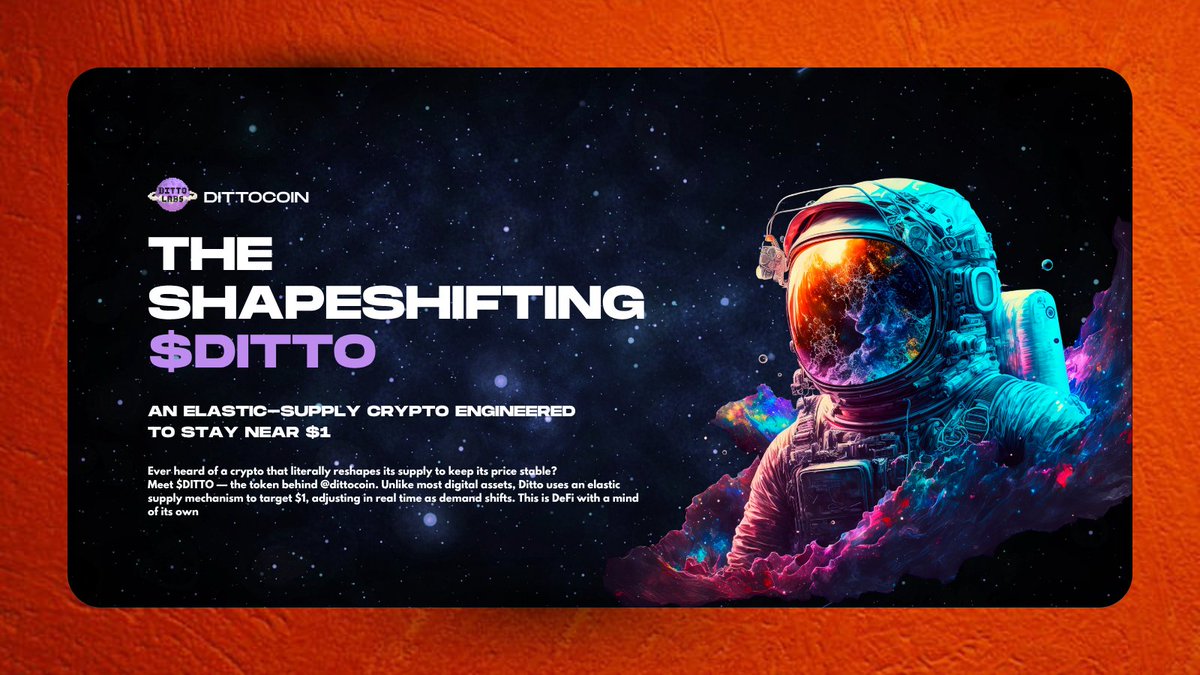 bobby001_eth's tweet image. Ever heard of a crypto that literally reshapes its supply to keep its price stable?

 Meet $DITTO, the token behind @dittocoin. Unlike most tokens, Ditto uses an elastic supply mechanism to target $1, adjusting in real time as demand shifts. This is DeFi with a mind of its own.…